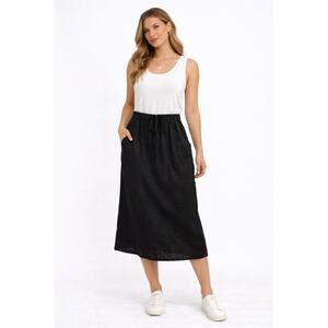Layer Cake Black Linen Skirt Lagenlook Elastic Waist Drawstring Midi Size  LL